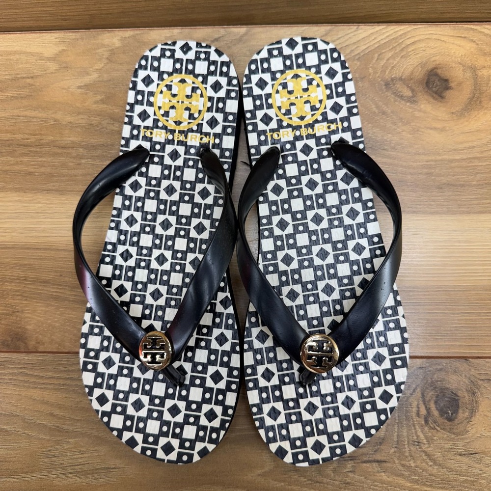 Tory Burch Flip Flop Thong Sandals Womens 6 Black White Geometric Travel Resort